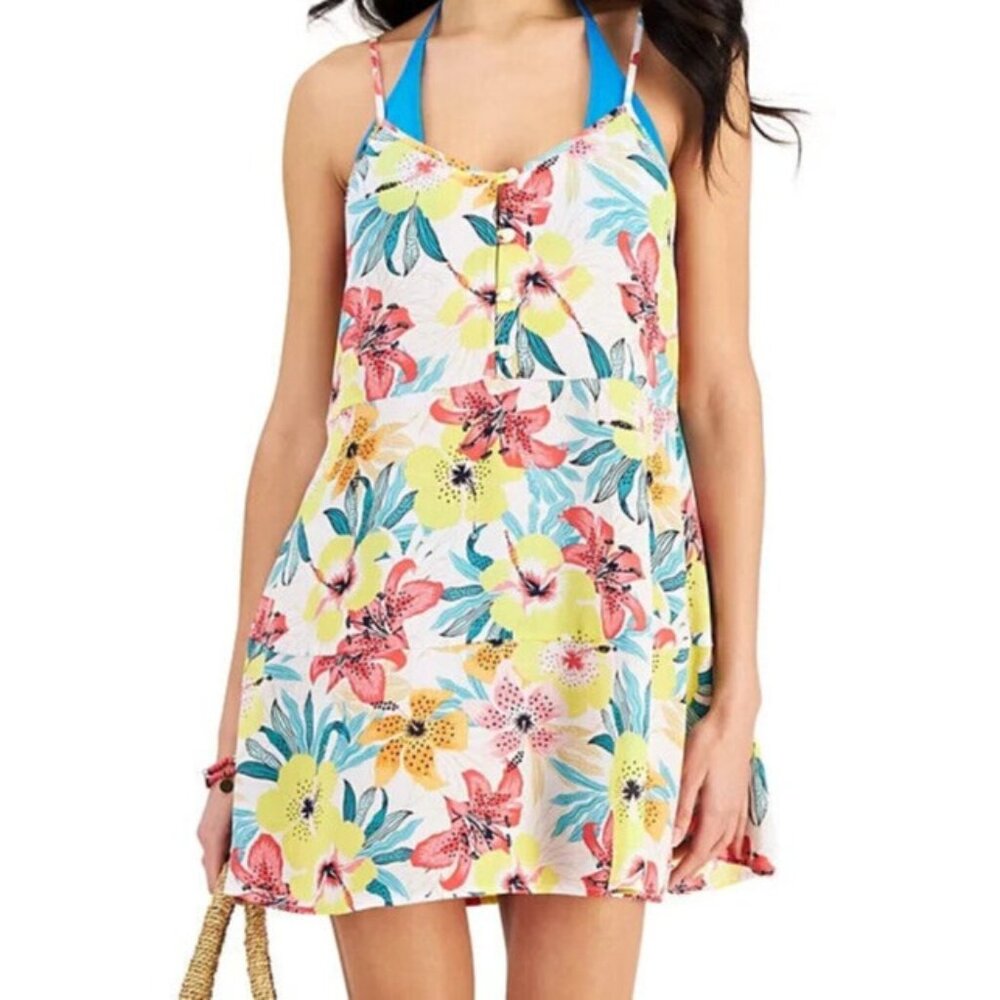 Miken Junior's Size Small Swim Cover-Up Dress Yellow Tropical Multicolor Print